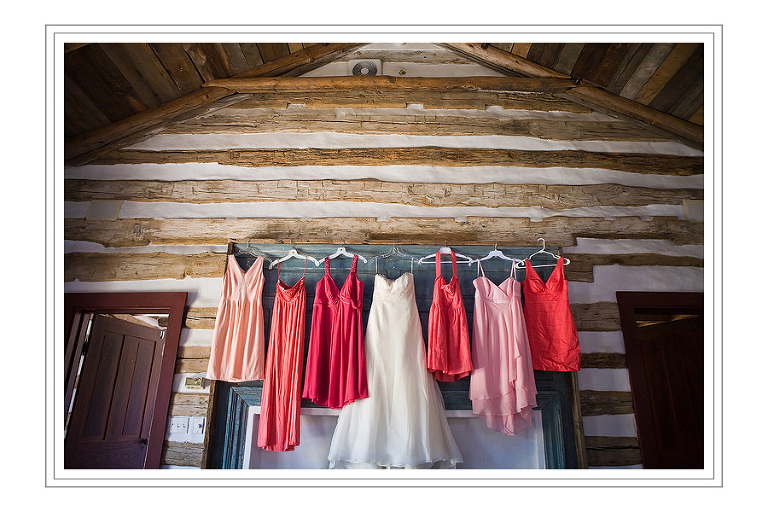 Figueroa farmhouse: wedding dress with bridesmaids dresses hanging