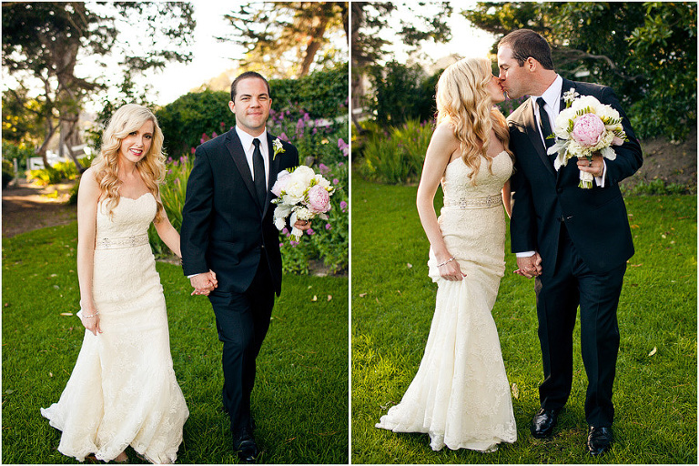 A gorgeous couple walking on the lawn at the Mission Ranch in Carmel