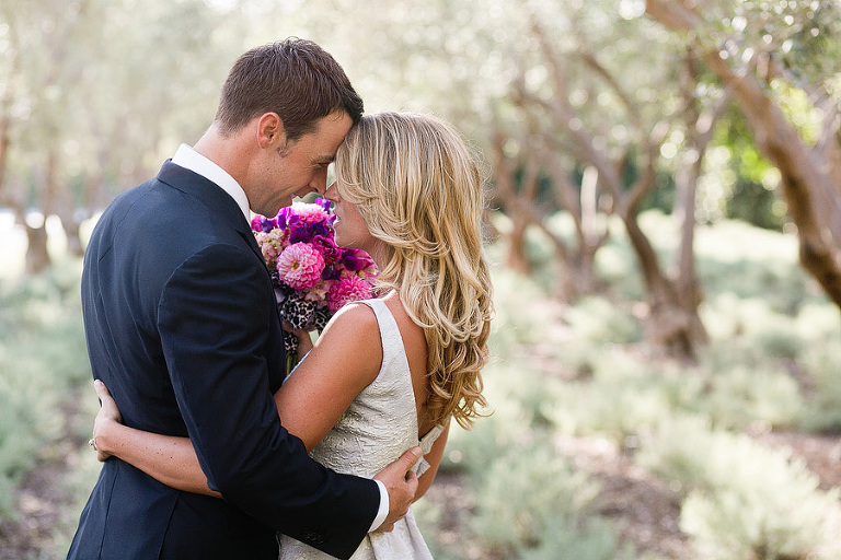 Bride and Groom in the lavender fields at the San Ysidro Ranch