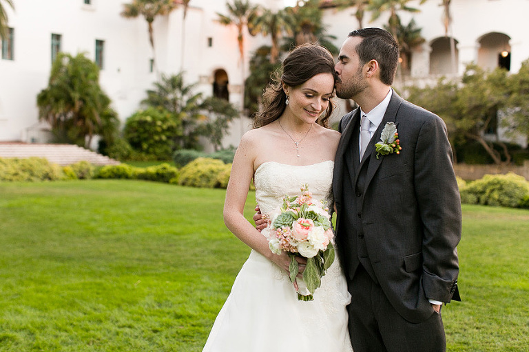 Photo of the bride and groom in the Santa Barbara Courthouse Courtyard