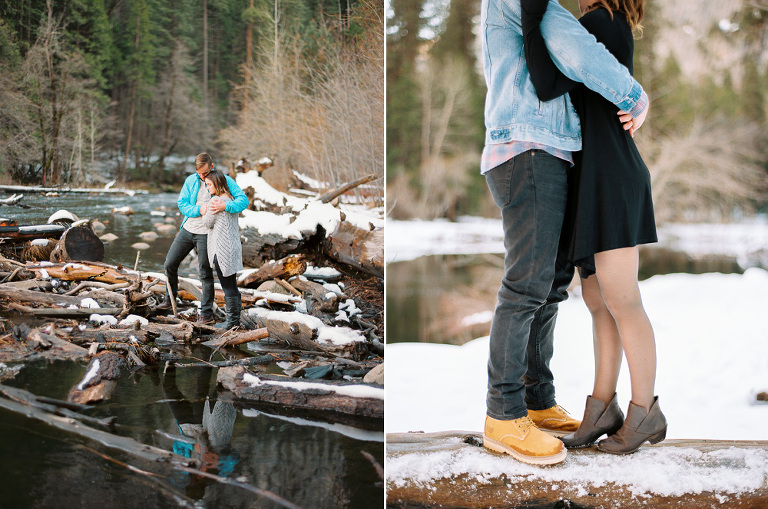 Couple standing on logs in Yosemite river