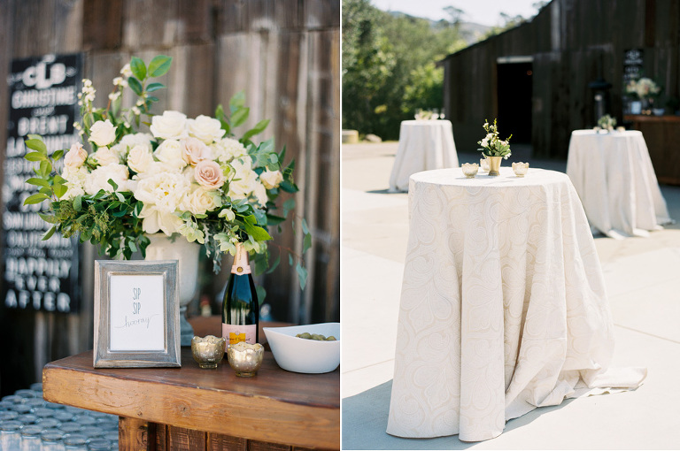 Ivory textured linens from La Tavola Linens on cocktail tables at a wedding reception in San Luis Obispo