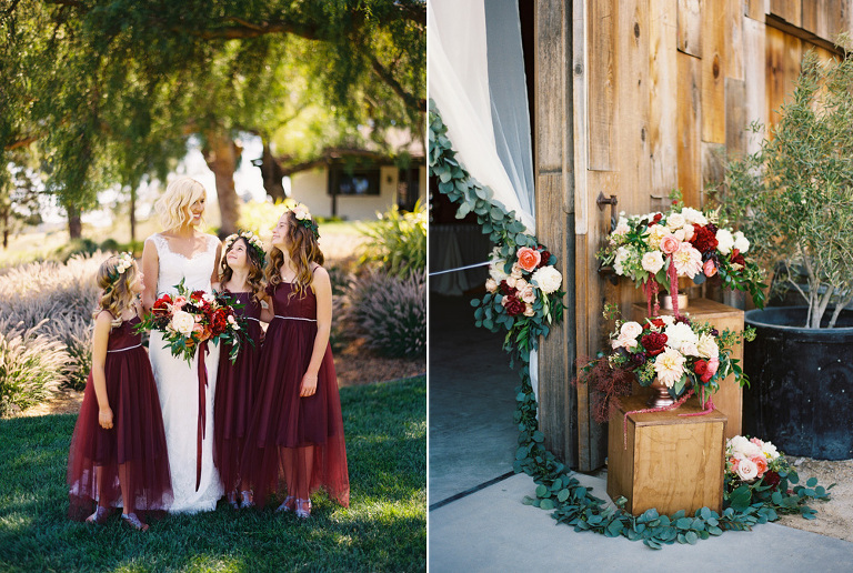 Flower girls in cranberry colored dresses with bride 