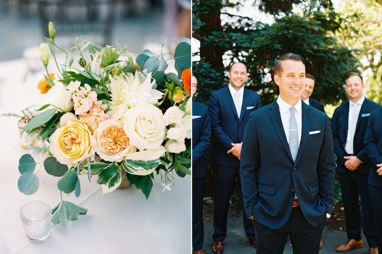 The handsome groom and his groomsmen wearing navy suits