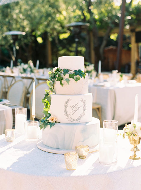 Classic white and blue wedding cake by Pretty Please Bakeshop